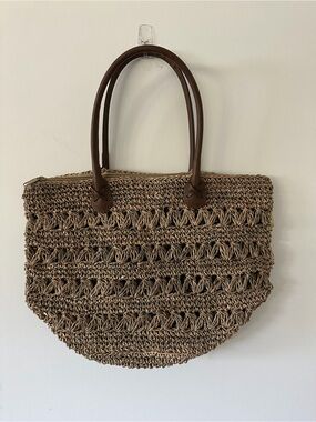 Handwoven Brown Straw Tote with Brown Handles
